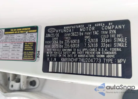 2017 Hyundai Santa Fe Se z USA, uszkodzony, nr VIN KM8SNDHF7HU204773